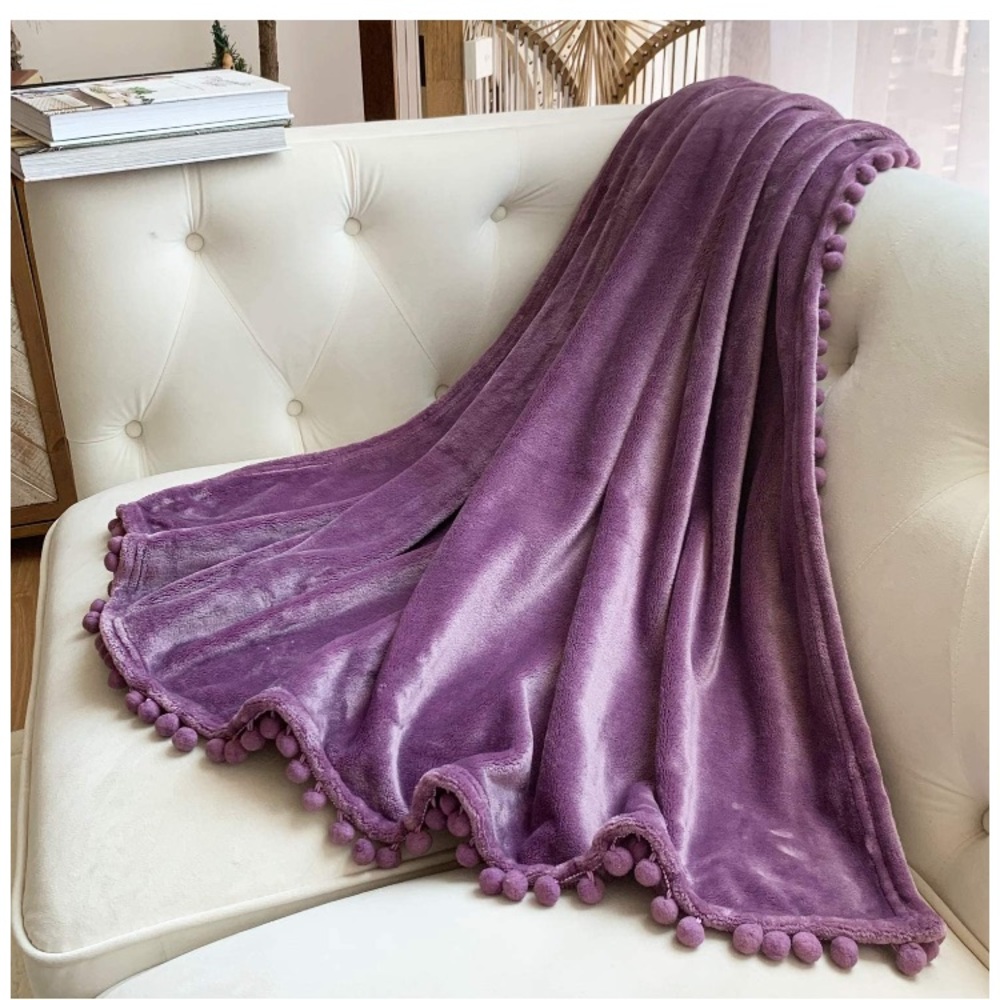 Purple Pompom Fringe Chic Cozy Soft Throw Blanket/Cover - Picture 3 of 16